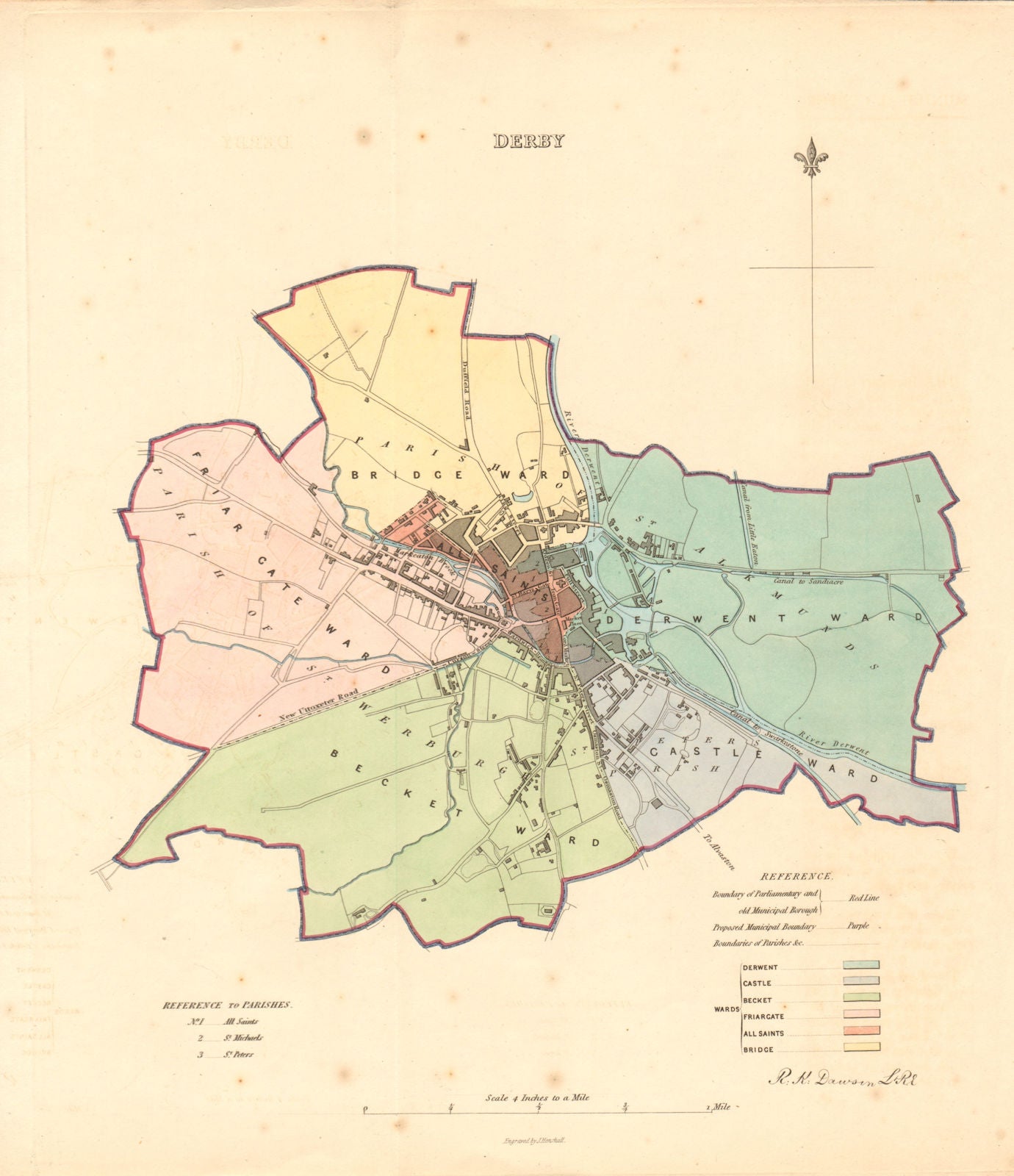 DERBY borough/town plan. BOUNDARY REVIEW. Derbyshire. DAWSON 1837 old map